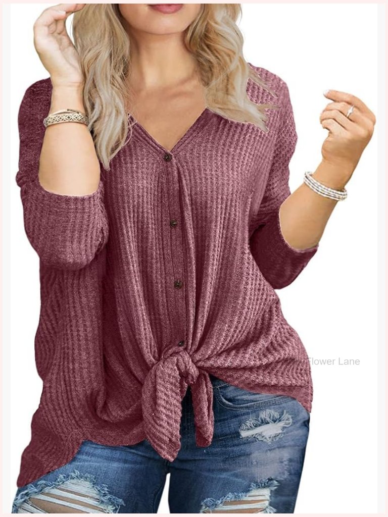 Plus Size V Neck Tie Front Blouse Long Sleeve Waffle Knit Tunic Top